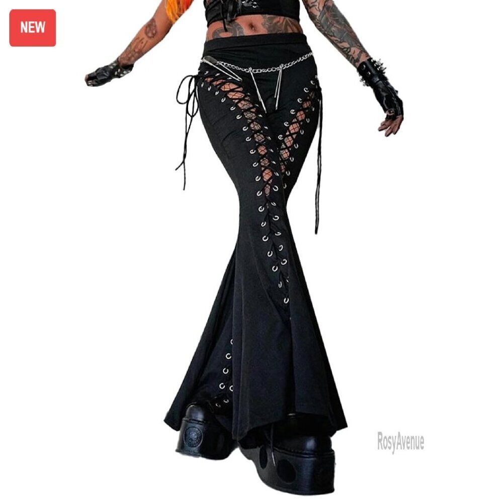 High Waist Lace Up Bandage Flared Pants Gothic Cutout Bell-Bottom Trousers